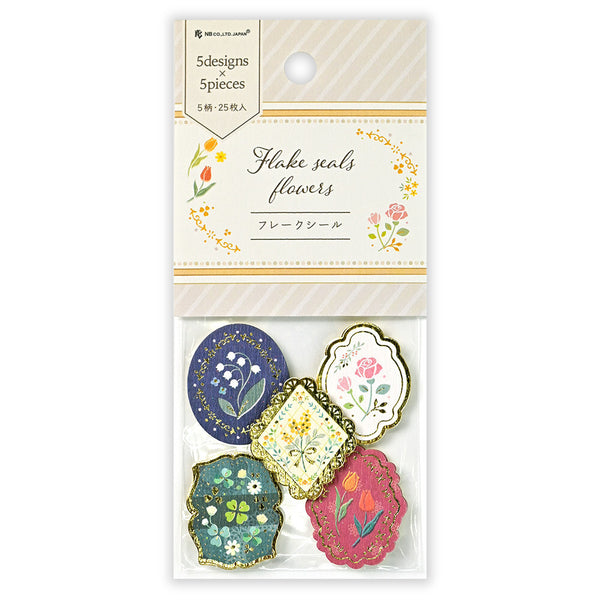 Floral design flake seals in packaging with decorative elements