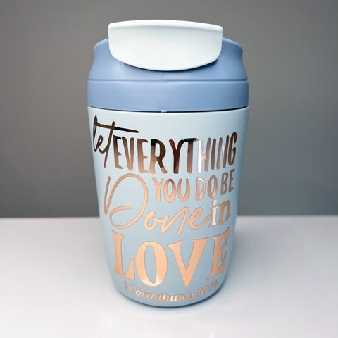Blue Tumbler Keep Cup Travel Mug with bible verse Love