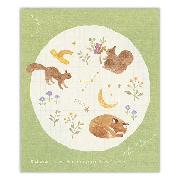Stationery with illustrations of squirrels, foxes, and flowers on a green background