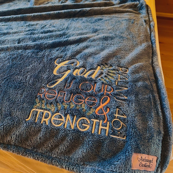 embroidered bible verse blanket God is our refuge and strength