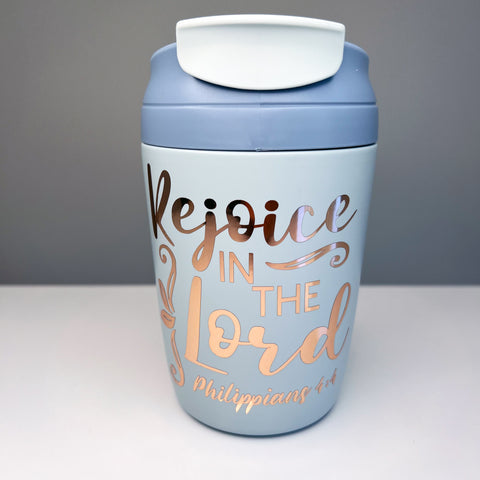 Blue Tumbler Keep Cup Travel Mug with bible verse Rejoice in the Lord