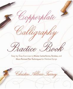 Copperplate Calligraphy Practice Book with calligraphy tools on a white background
