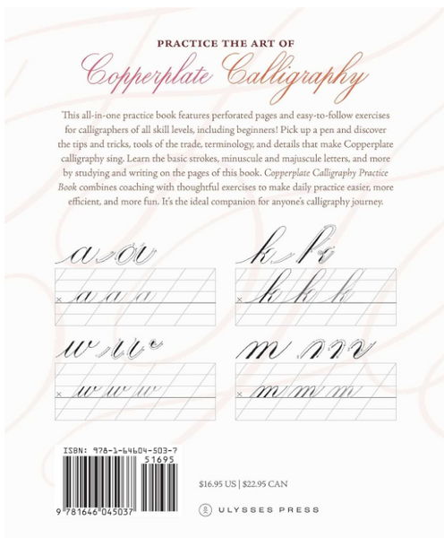 Back cover of a book titled 'Copperplate Calligraphy Practice Book' with calligraphy practice pages and Ulysses Press branding.