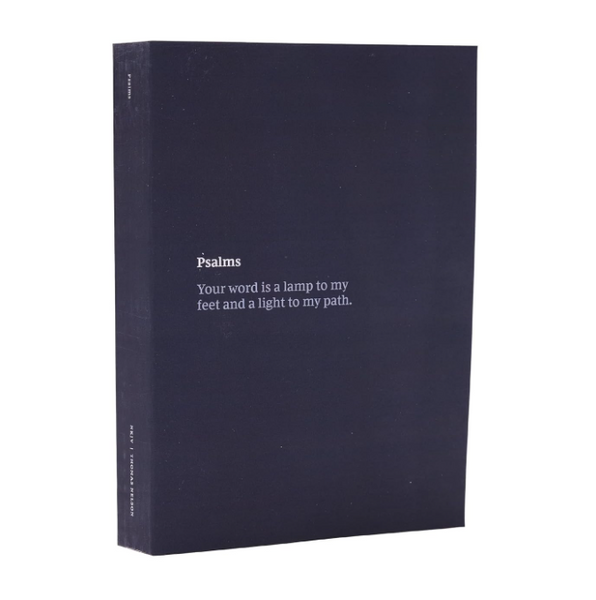 Dark blue book titled 'Psalms' with a biblical quote on a white background