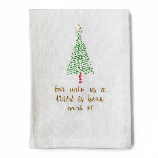 White towel with embroidered Christmas tree and bible verse 