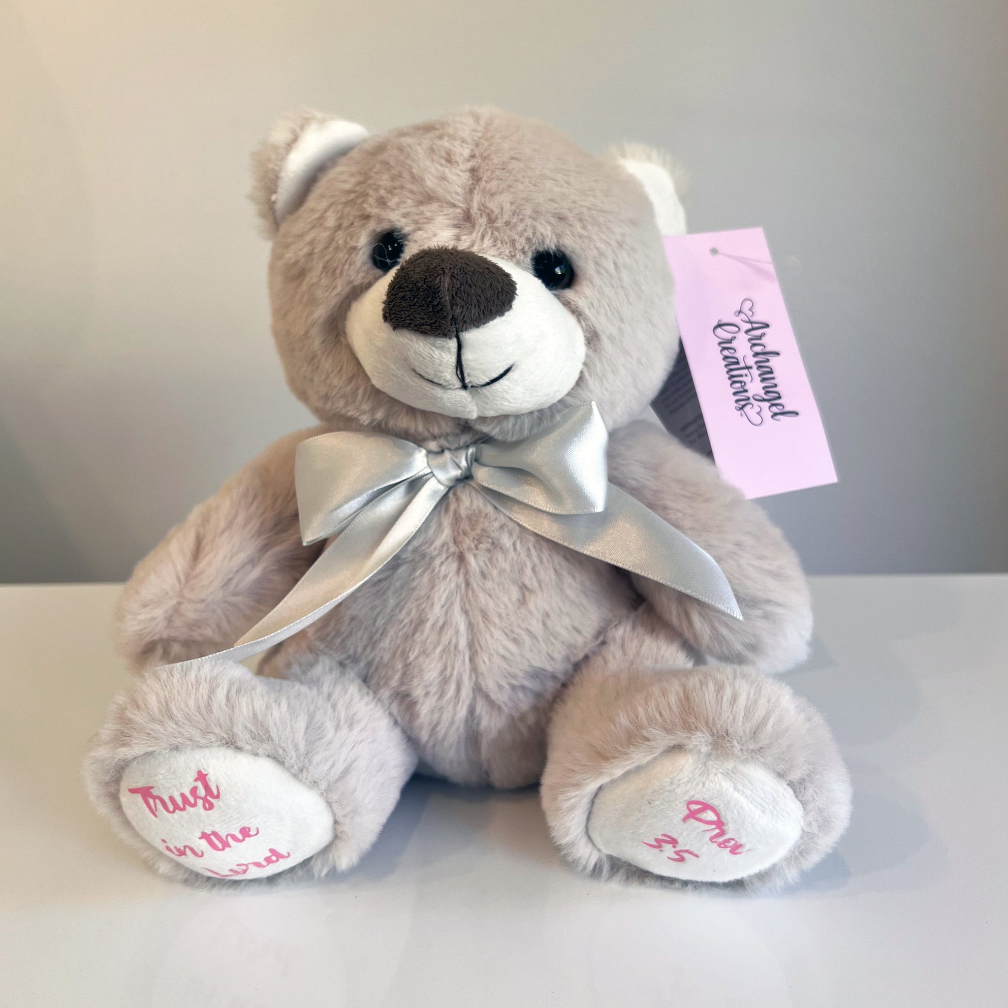 Plush teddy bear with a silver bow with embroidered bible verse