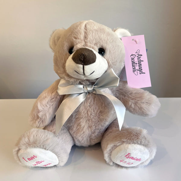Plush teddy bear I am with you bible verse embroidered on the paws
