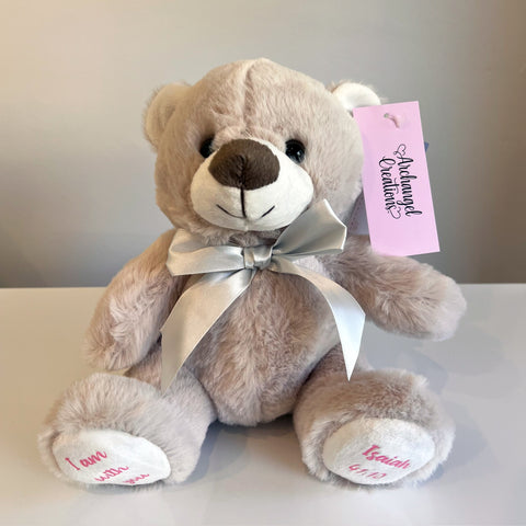 Plush teddy bear I am with you bible verse embroidered on the paws