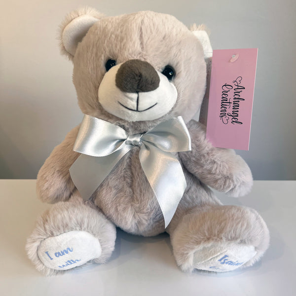 Plush teddy bear I am with you bible verse embroidered on the paws